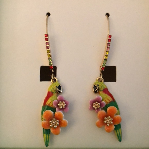 Betsey Johnson Gold Tone Rainbow Enamel Parrot & Flower Drop Earrings NIB - Picture 8 of 16